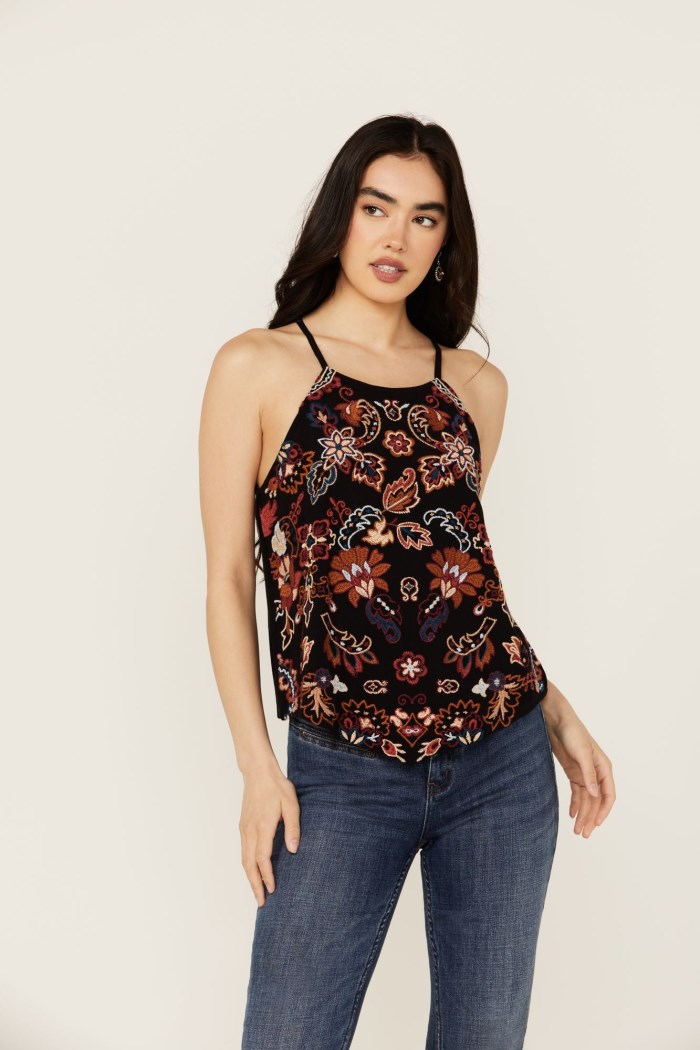 Idyllwind Women's Scrolling Floral Haze Embroidered Sleeveless Top | Black