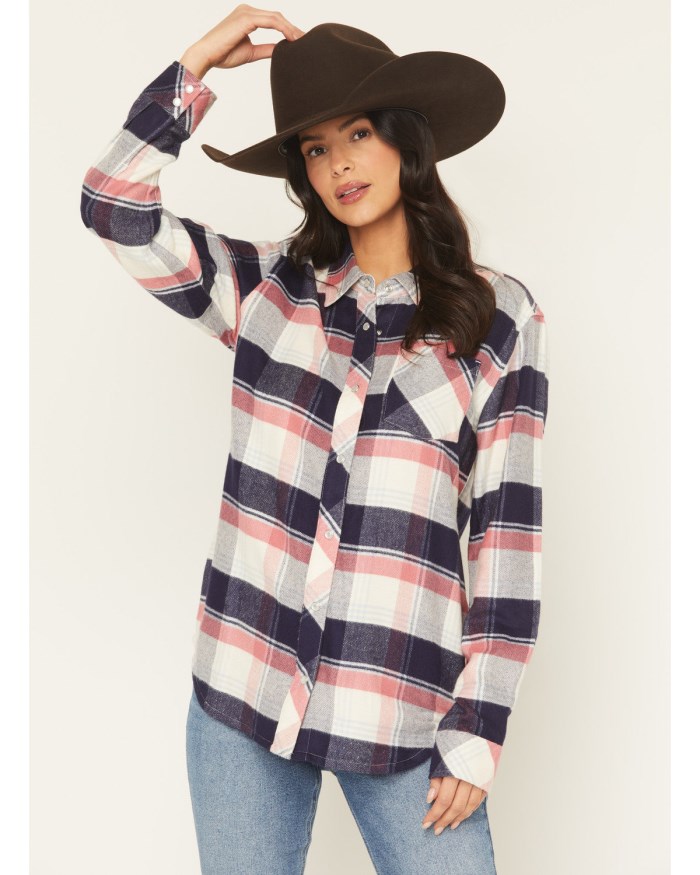 Idyllwind Women's Skip Jack Plaid Print Long Sleeve Snap Flannel Shirt | Indigo