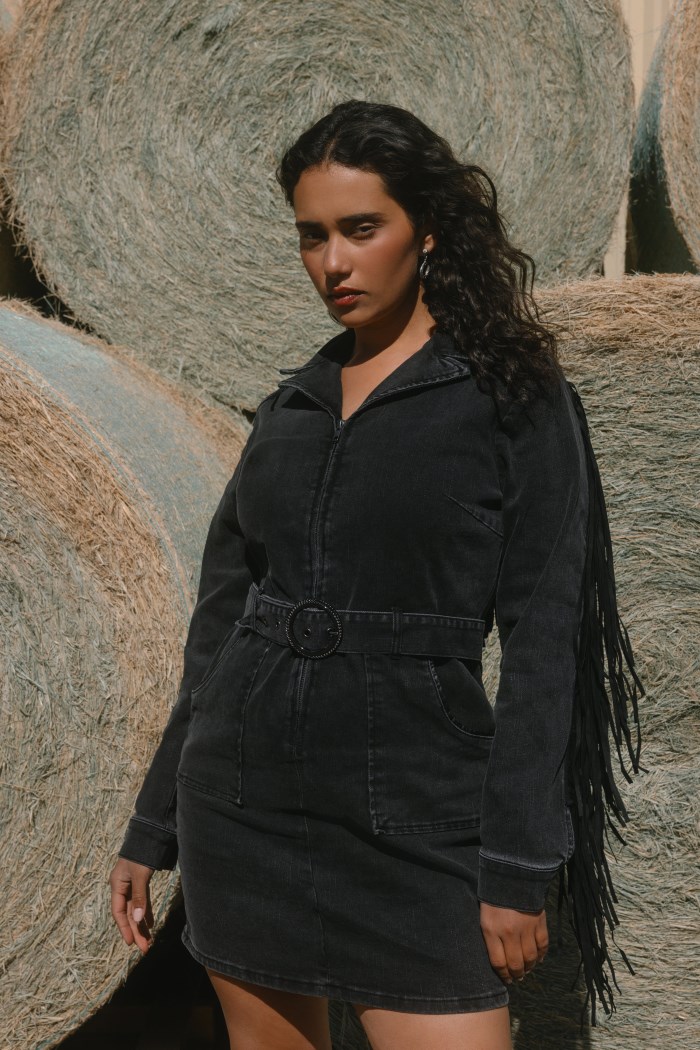 Idyllwind Women's Fringe Long Sleeve Stretch Denim Mini Dress | Black