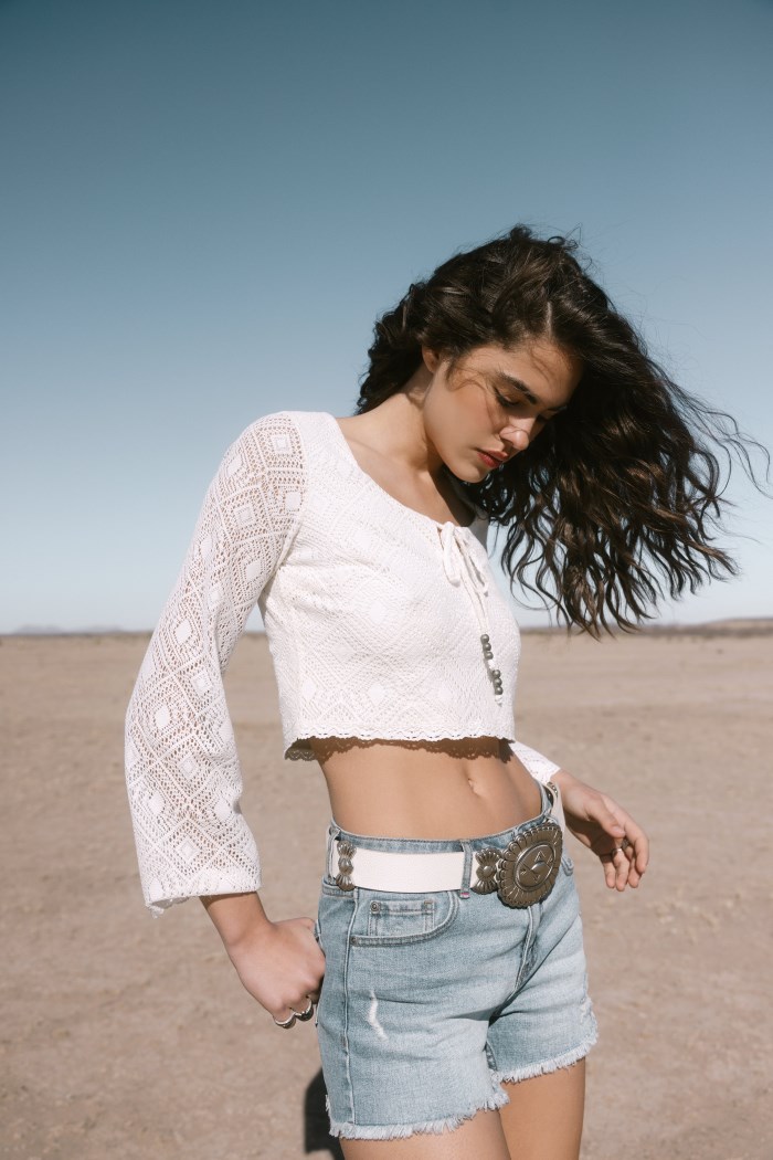 Idyllwind Women's Lacey Scoop Neck Bell Sleeve Crochet Top | Ivory