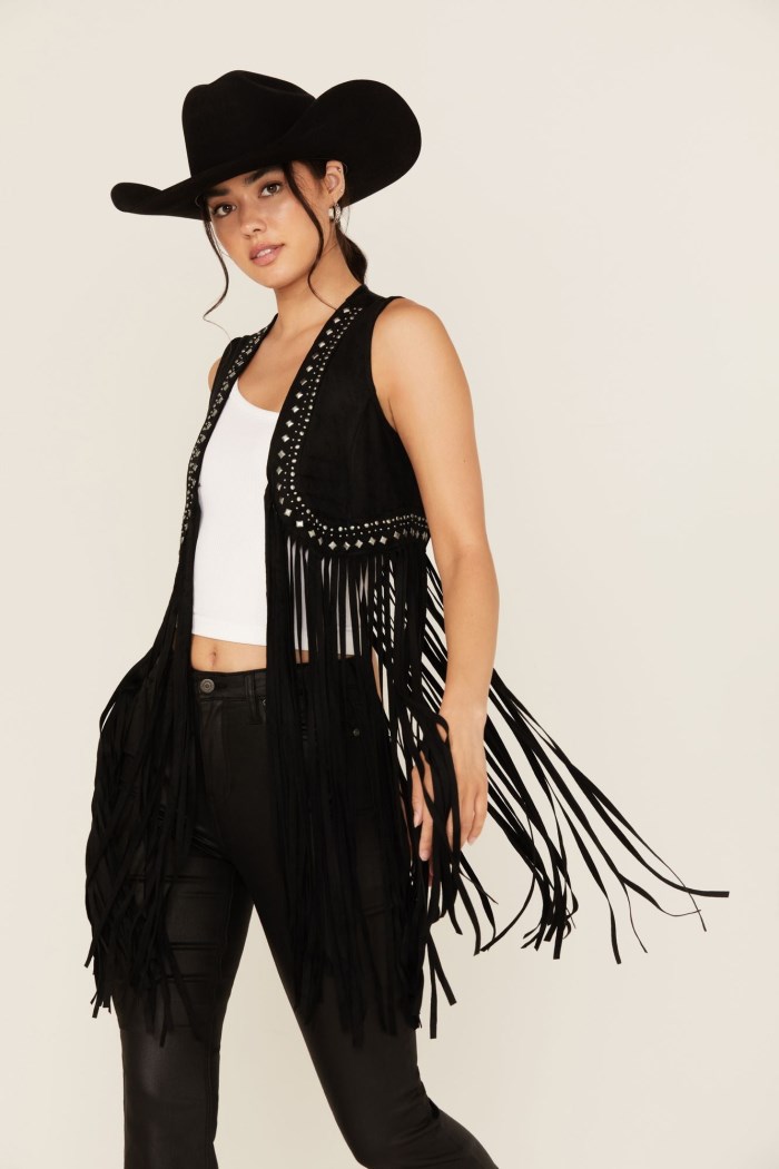 Idyllwind Women's Walnut Studded Fringe Faux Suede Vest | Black