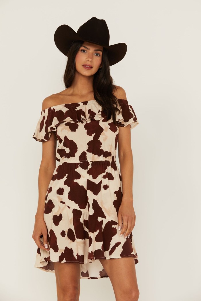Idyllwind Women's Made For This Off-Shoulder Cow Print Dress | Tan