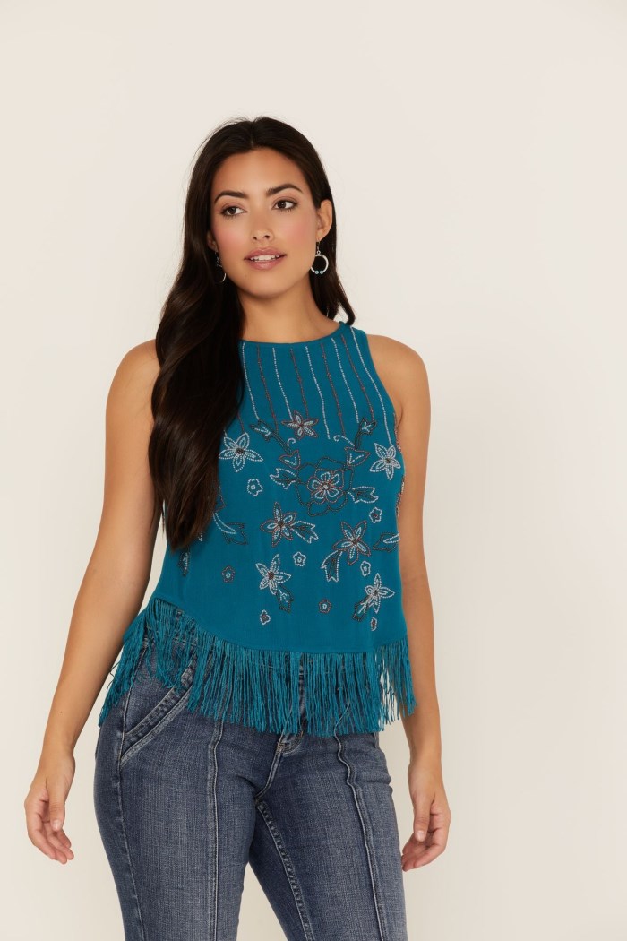 Idyllwind Women's Cameo Beaded Fringe Tank Top | Blue