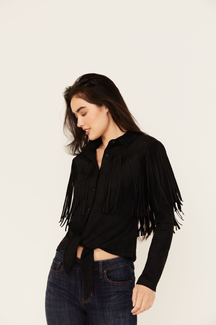 Idyllwind Women's Fate Faux Suede Fringe Long Sleeve Button-Down Tie-Front Shirt | Black