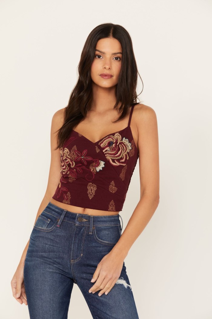 Idyllwind Women's Jessamine Embroidered Smocked Back Crop Top | Maroon
