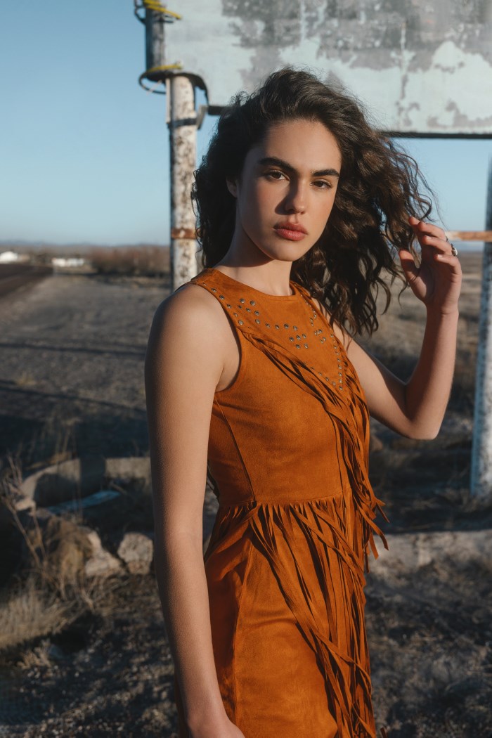 Idyllwind Women's Garland Studded Fringe Faux Suede Sleeveless Mini Dress | Caramel