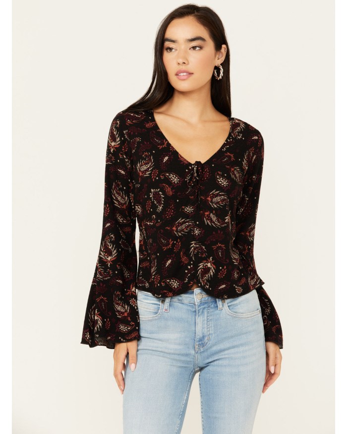 Idyllwind Women's Tara Tie Front Bell Sleeve Blouse | Black