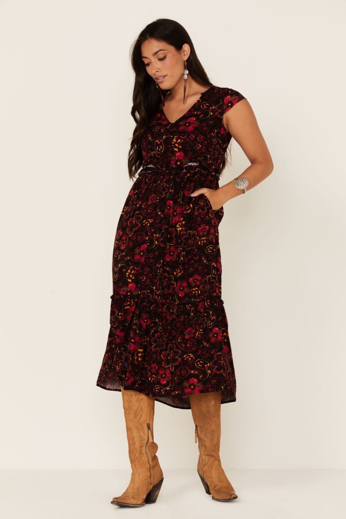 Idyllwind Women's Black Floral Willow Branch Midi Dress | Black
