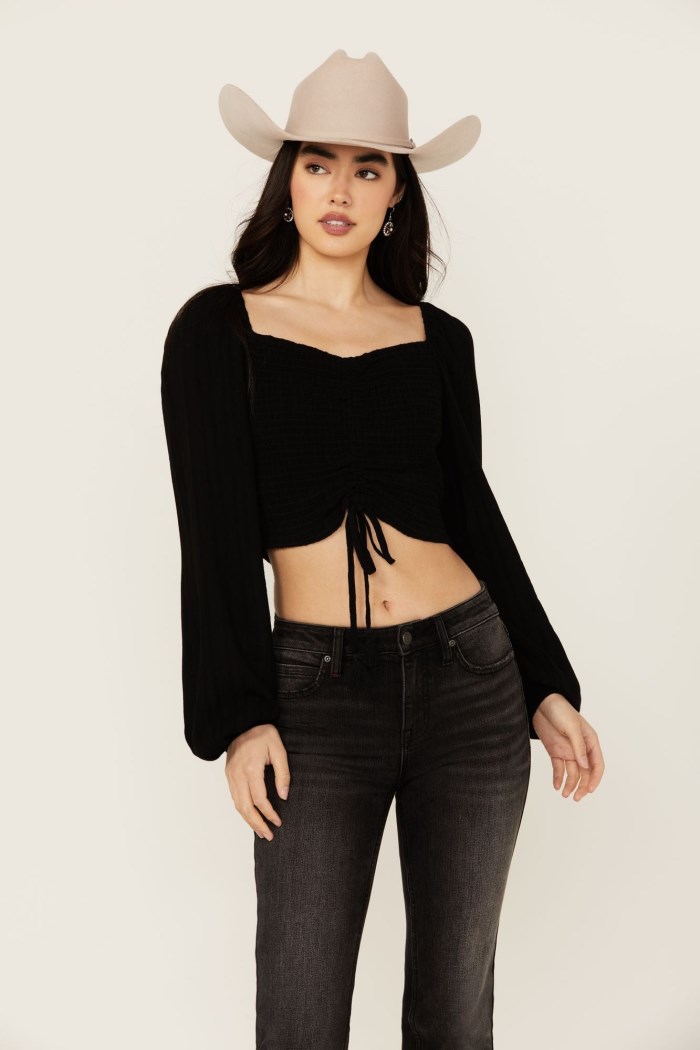 Idyllwind Women's Hazel Smocked Long Sleeve Cropped Blouse | Black