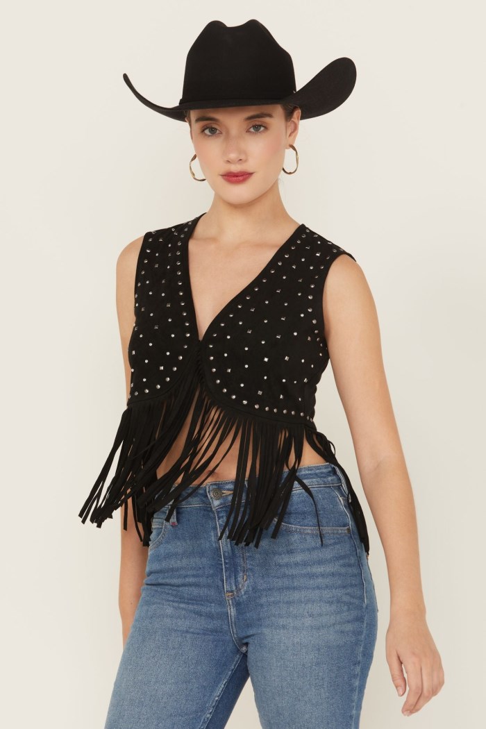 Idyllwind Women's Embellished Faux Suede Cropped Fringe Vest | Black