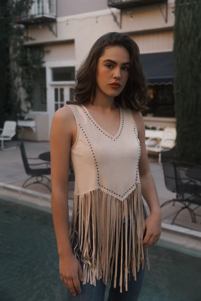Idyllwind Women's Monticello Fringe Faux Suede Studded Tank | Stone