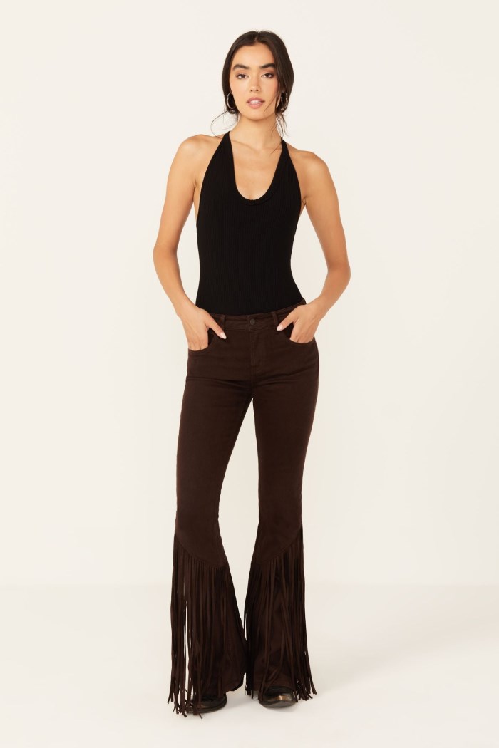 Idyllwind Women's Coffee Bean Mid Rise Rebel Fringe Bootcut Jeans | Dark Brown