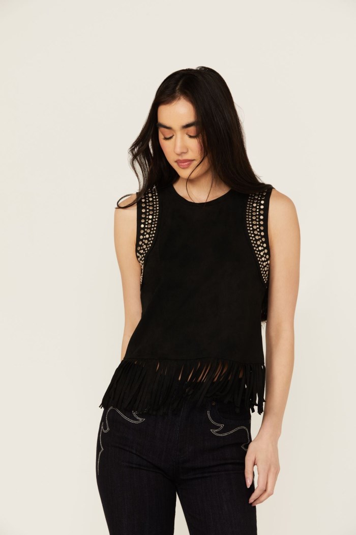 Idyllwind Women's Lillian Studded Fringe Faux Suede Tank Top | Black
