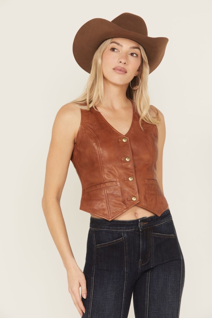 Idyllwind Women's Fitted Button-Down Leather Vest | Caramel