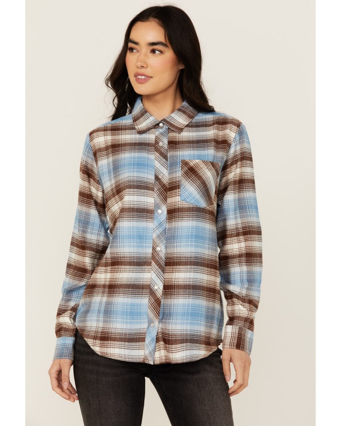 Idyllwind Women's Lane Plaid Print Long Sleeve Snap Flannel Shirt | Light Blue