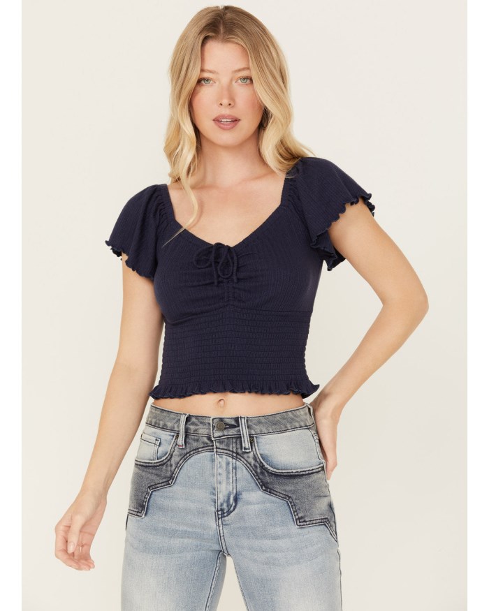 Idyllwind Women's Pointe Flutter Sleeve Smocked Top | Steel Blue