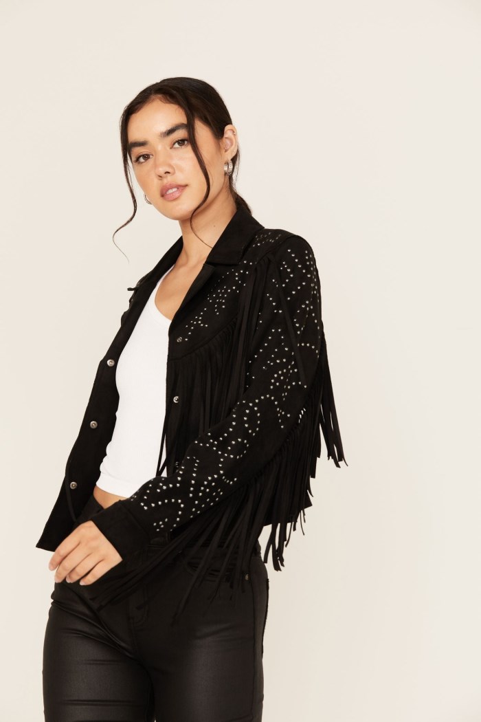 Idyllwind Women's Blair Fringe and Studded Faux Suede Snap Jacket | Black