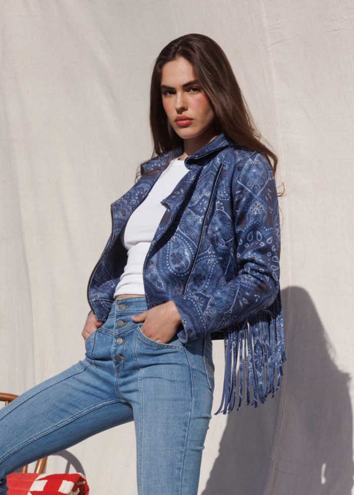 Idyllwind Women's Banbury Printed Faux Suede Fringe Moto Jacket | Steel Blue