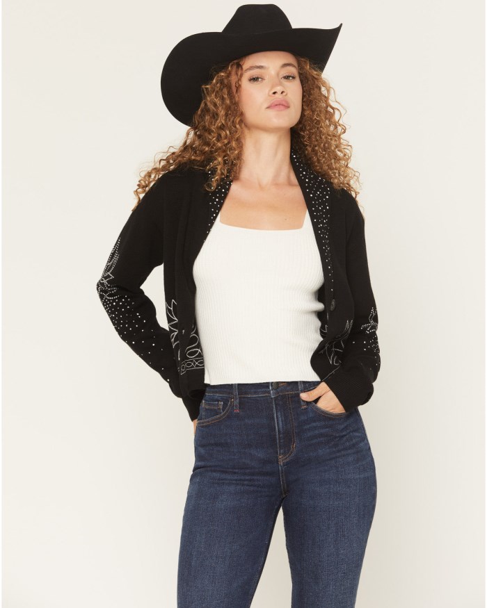 Idyllwind Women's Pierce Embellished Cropped Button-Down Sweater | Black