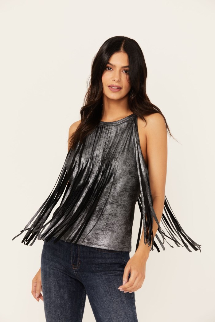 Idyllwind Women's Prescott Foiled Faux Suede Fringe Tank | Black