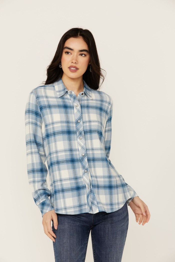 Idyllwind Women's Viola Featherlight Blue Plaid Print Pearl Snap Western Shirt | Indigo