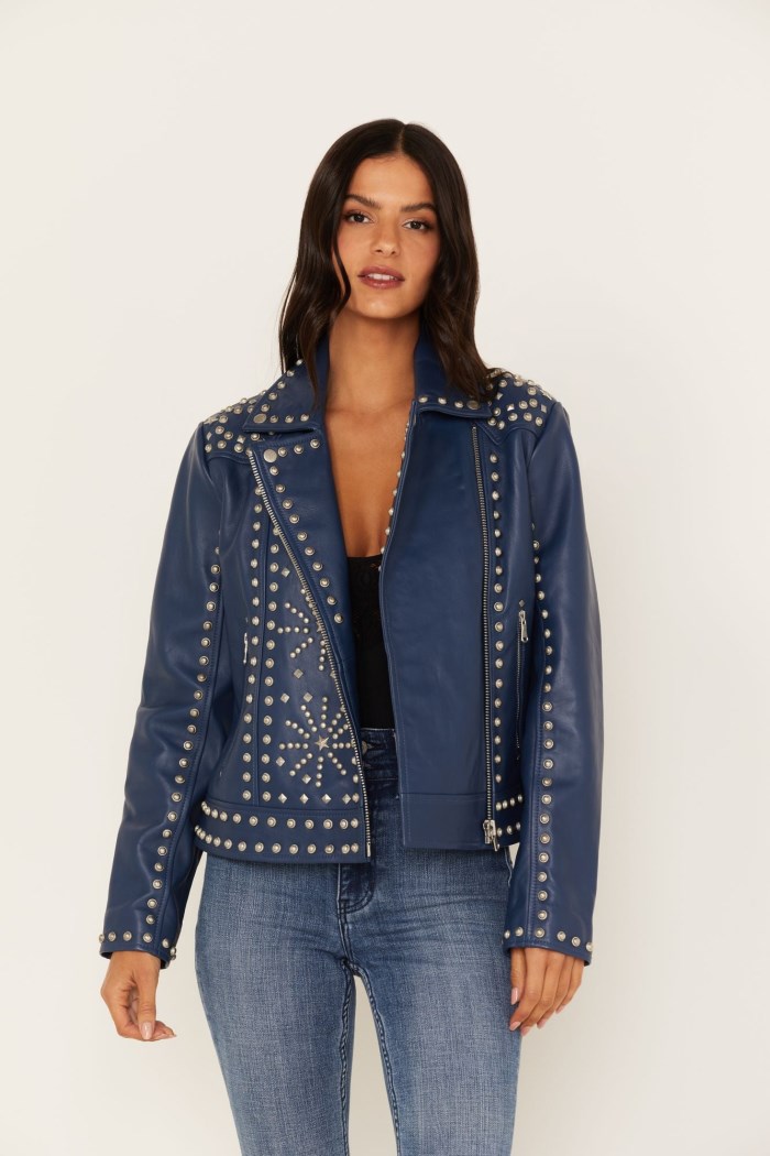 Idyllwind Women's Studded Moto Leather Jacket | Blue
