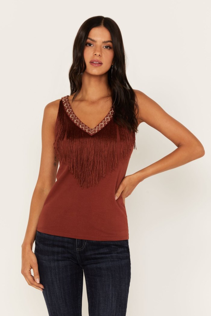 Idyllwind Women's Songstress Embroidered Fringe Tank Top | Brandy Brown