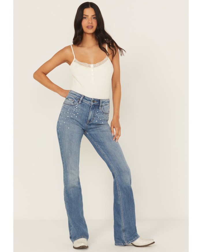 Idyllwind Women's Legend Medium Wash High Rise Rhinestone Studded Bootcut Super Stretch Denim Jeans | Medium Wash