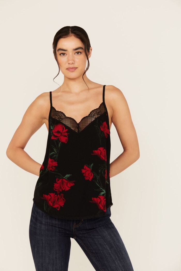 Idyllwind Women's Chase Floral Print Lace Trim Cami Tank | Black