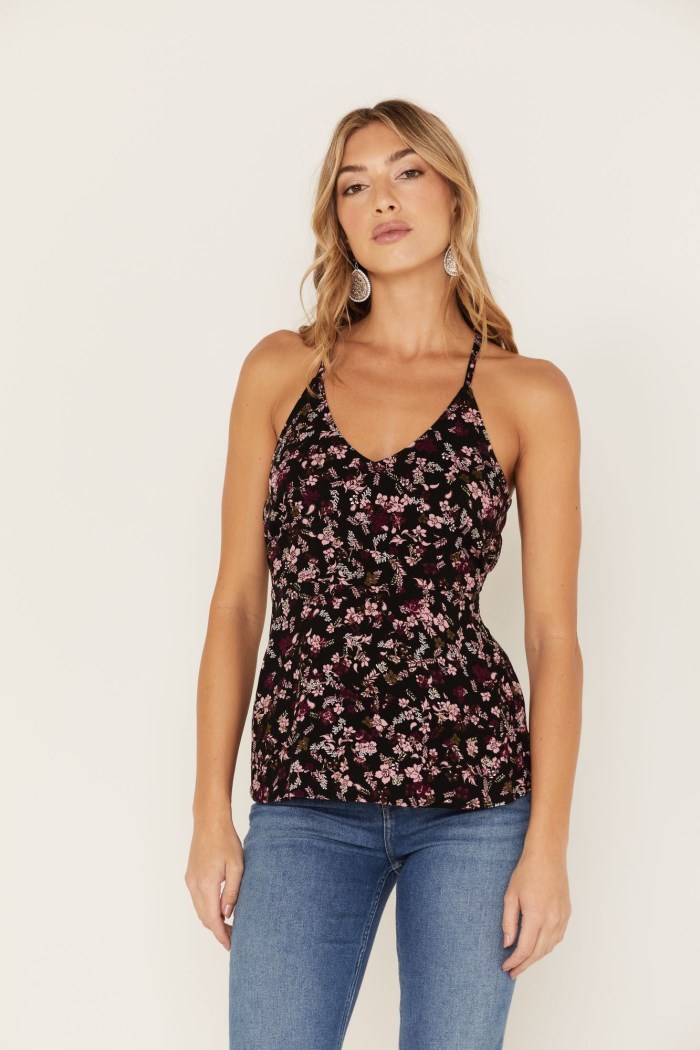 Idyllwind Women's Floral Print Keyhole Racer Tank Top | Black