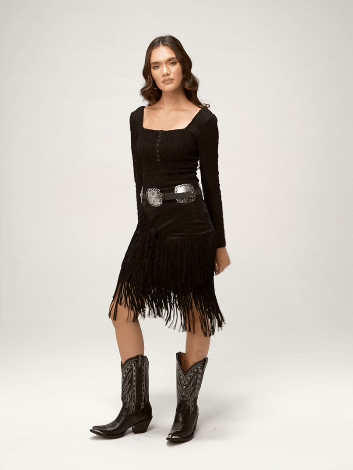 Idyllwind Women's Tina Asymmetrical Faux Suede Fringe Mini Skirt | Black