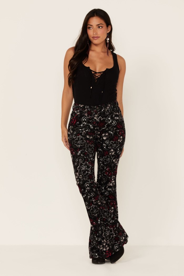 Idyllwind Women's Black Floral Print High Rise Flare Cords | Black