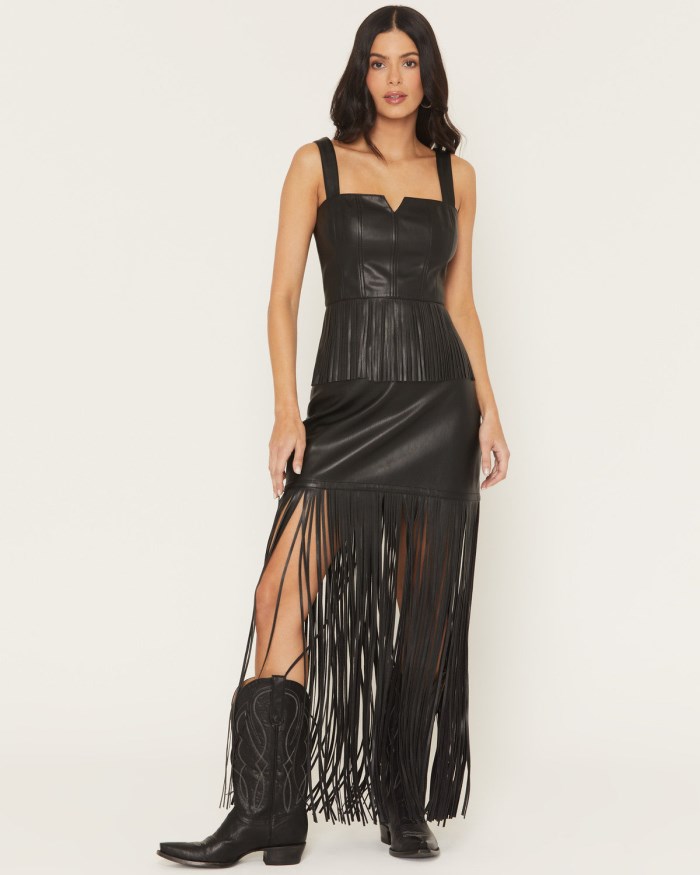 Idyllwind Women's Payson Faux Leather Fringe Midi Skirt | Black