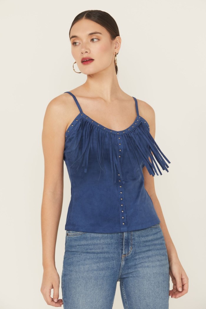 Idyllwind Women's Faux Suede Studded Fringe Sleeveless Tank Top | Blue