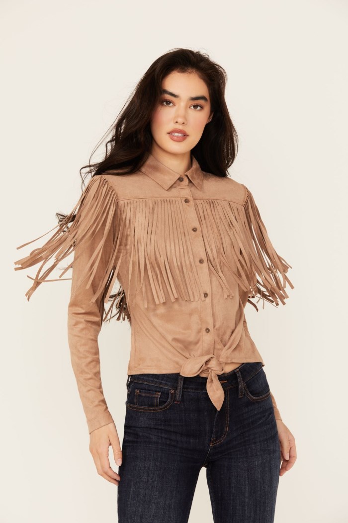 Idyllwind Women's Fate Faux Suede Fringe Long Sleeve Button-Down Tie-Front Shirt | Tan