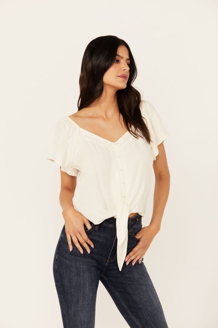 Idyllwind Women's Tern Flutter Sleeve Tie Front Top | Ivory