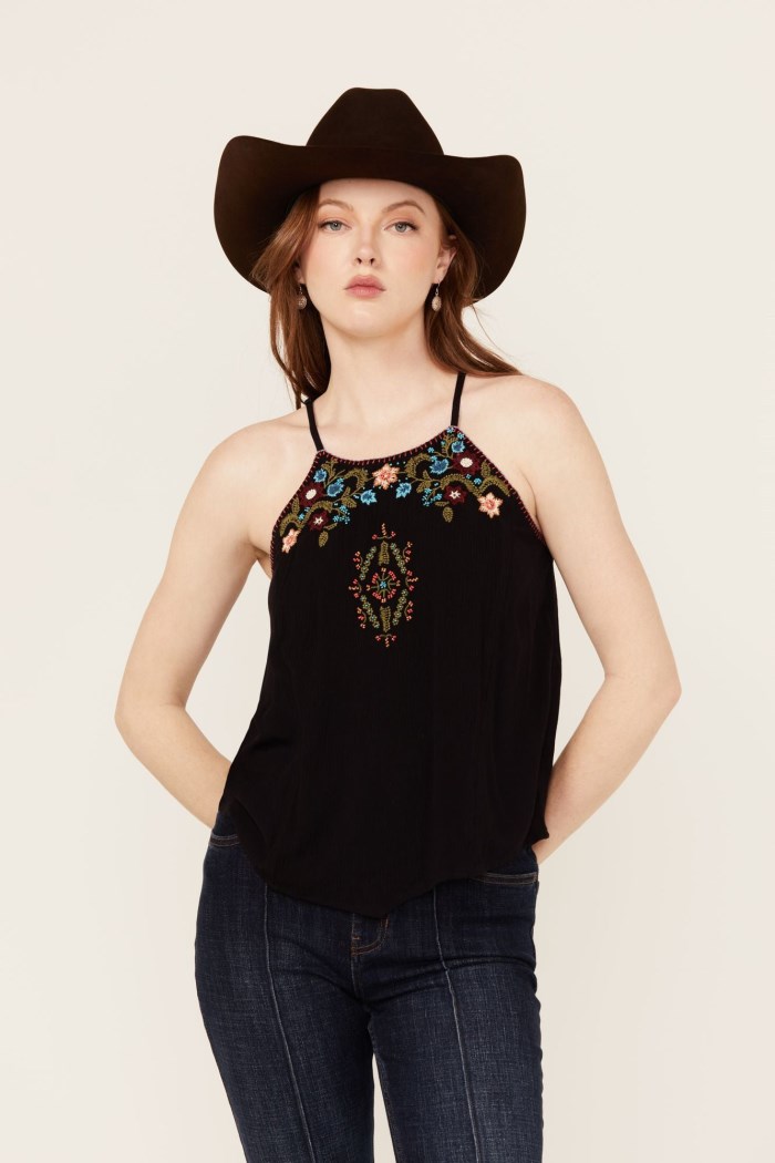 Idyllwind Women's Surrey Embroidered And Beaded Halter Top | Black