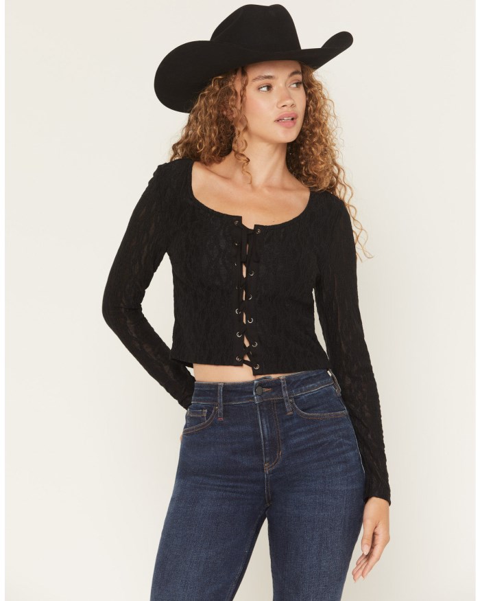 Idyllwind Women's Wind Song Lace Long Sleeve Lace-Up Shirt | Black