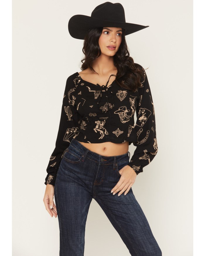 Idyllwind Women's Keystone Conversational Print Three Quarter Sleeve Top | Black