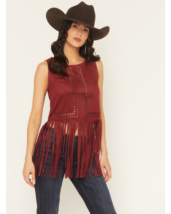 Idyllwind Women's Whitsett Cutout Faux Suede Fringe Tank Top | Cherry