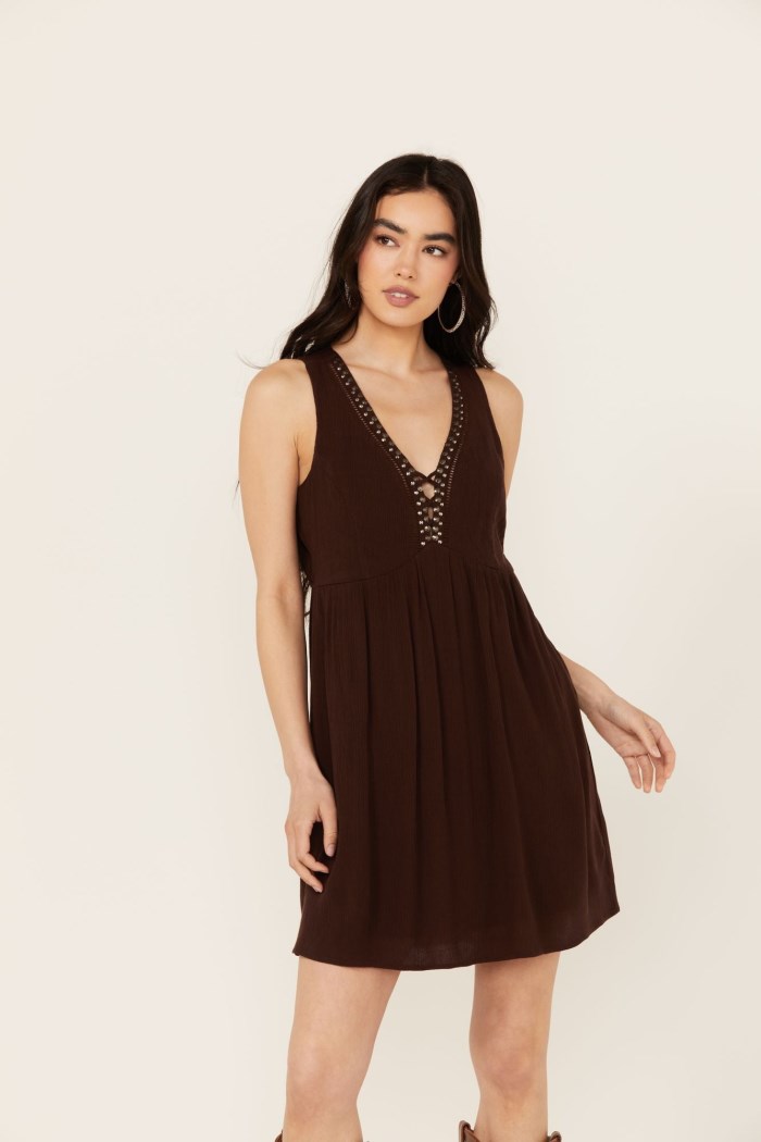 Idyllwind Women's Winfrey Criss Cross Front Embellished Dress | Dark Brown