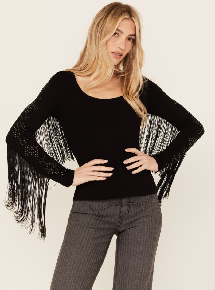Idyllwind Women's Doris Studded Fringe Long Sleeve Top | Black