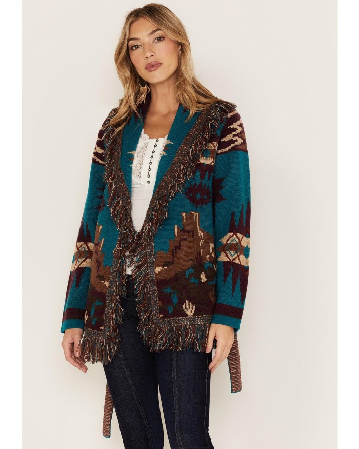 Idyllwind Women's River Run Southwestern Print Belted Cardigan Sweater | Blue