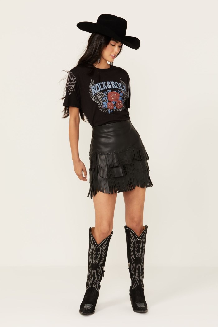 Idyllwind Women's Irene Fringe Faux Leather Skirt | Black