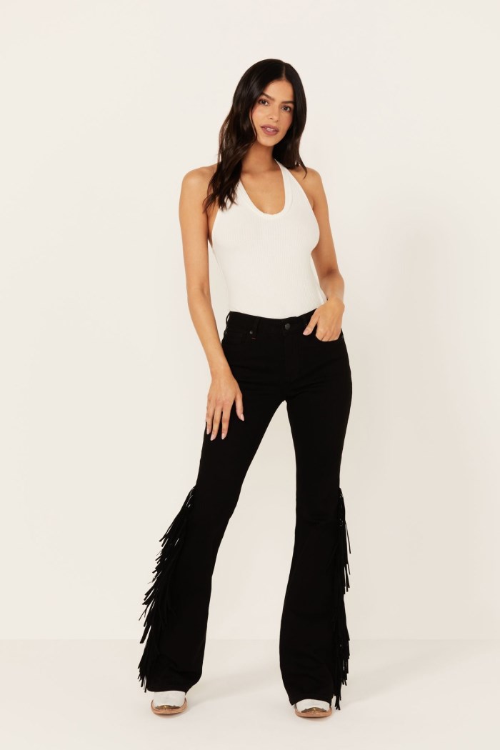 Idyllwind Women's Danby Drive Rebel Mid Rise Suede Fringe Comfort Stretch Denim Jeans | Black