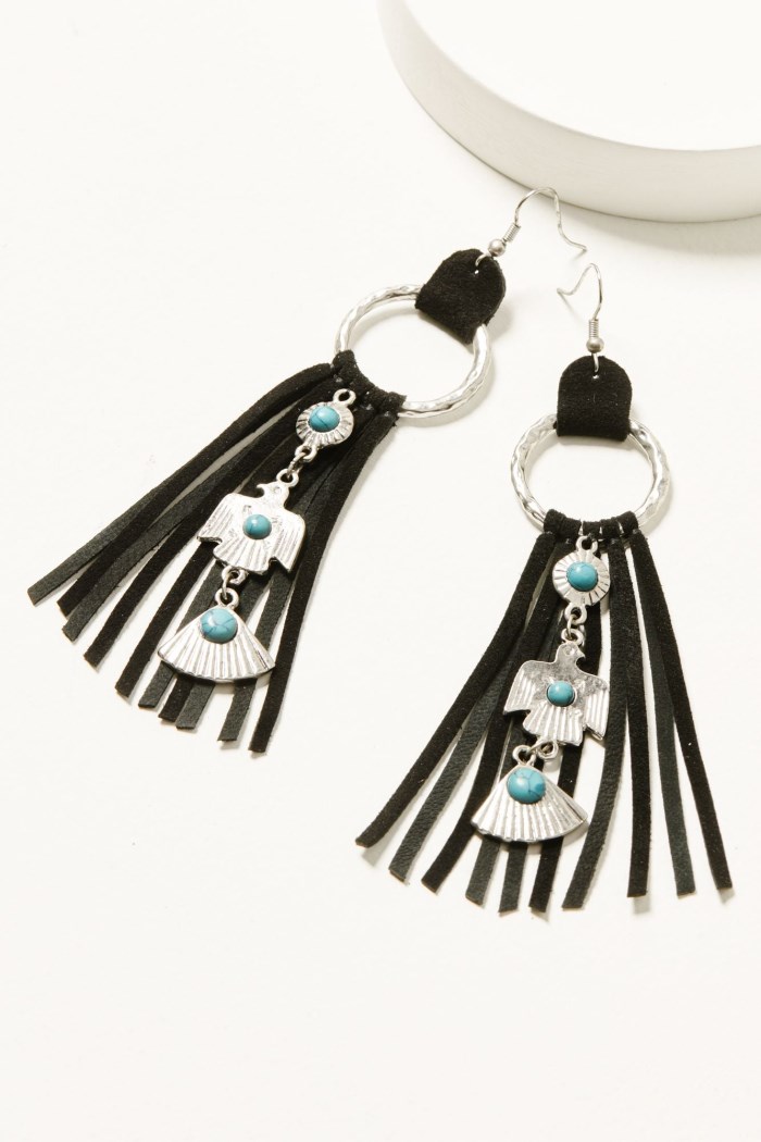 Idyllwind Women's Garland Thunderbird Leather Fringe Earrings | Black