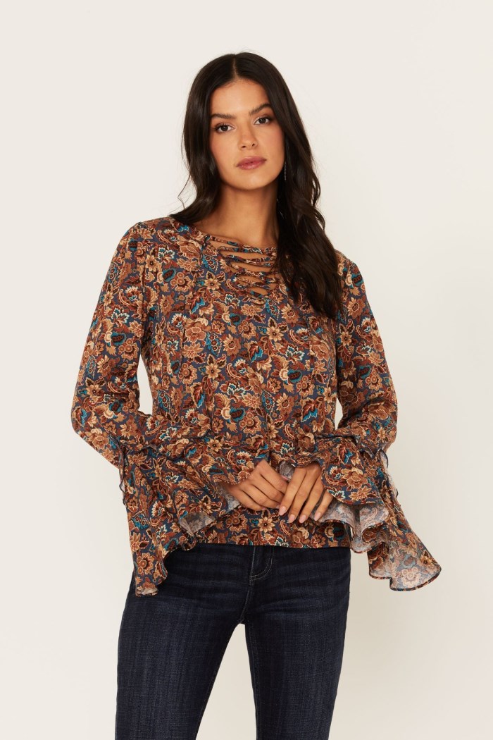 Idyllwind Women's Rouge Paisley Print Lace Up Top | Dark Blue