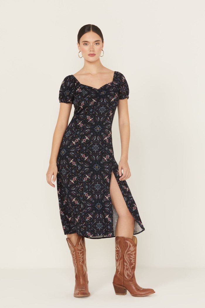 Idyllwind Women's Beth Jacquard Print Short Sleeve Midi Dress | Navy