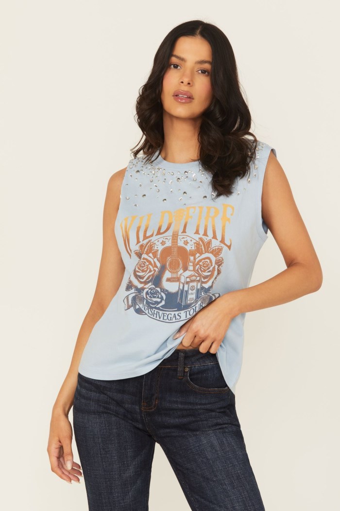 Idyllwind Women's Wild Fire Embellished Sleeveless Graphic Tank | Light Blue