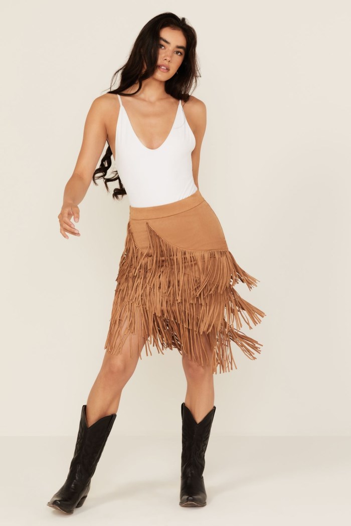 Idyllwind Women's Tina Faux Suede Fringe Mini Skirt | Tan